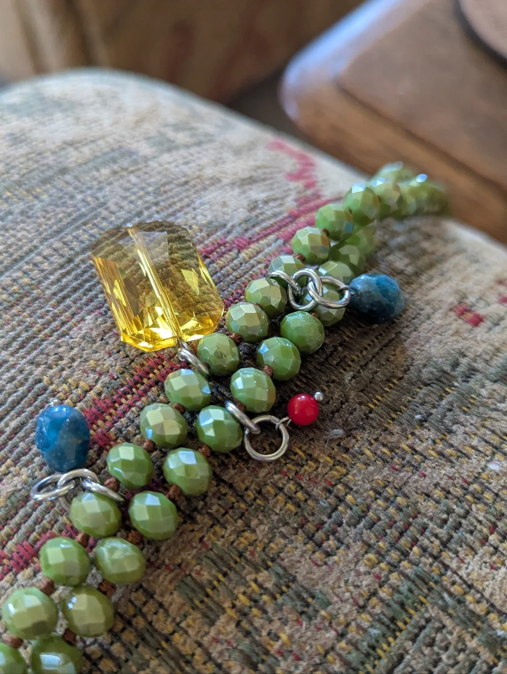 Katia Designs Green Olivine Crystal Necklace Yellow, Aqua, Red Accent Beads - Picture 4 of 5